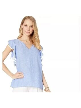 Lilly Pulitzer Small Astara Linen Pom Pom Top Blue XS